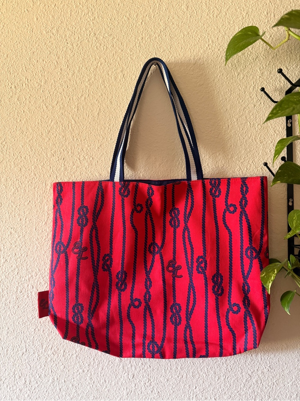Estee Lauder Red Tote with Navy Rope-Pattern Straps